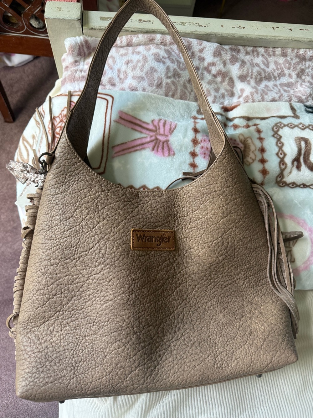 Wrangler Taupe Pebbled-Texture Shoulder Bag with Fringe